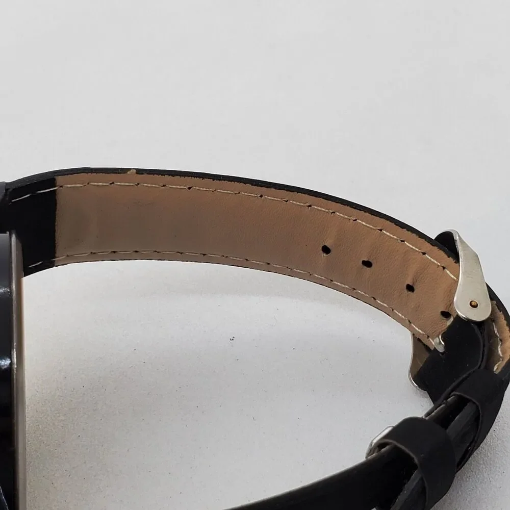 Men's Watch 42MM Black Dial Case Date Black Leather‎ Bands Analog Watch